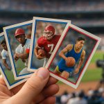 A hand holding four sports trading cards featuring various athletes, with a blurred stadium background.