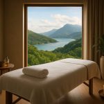 A serene and calming massage table in a room with a picturesque view of mountains and a river.